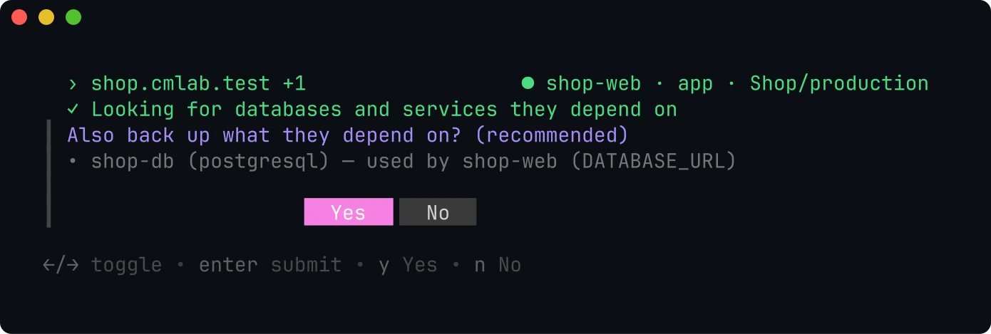 Question: also back up what they depend on, listing shop-db used by shop-web through DATABASE_URL